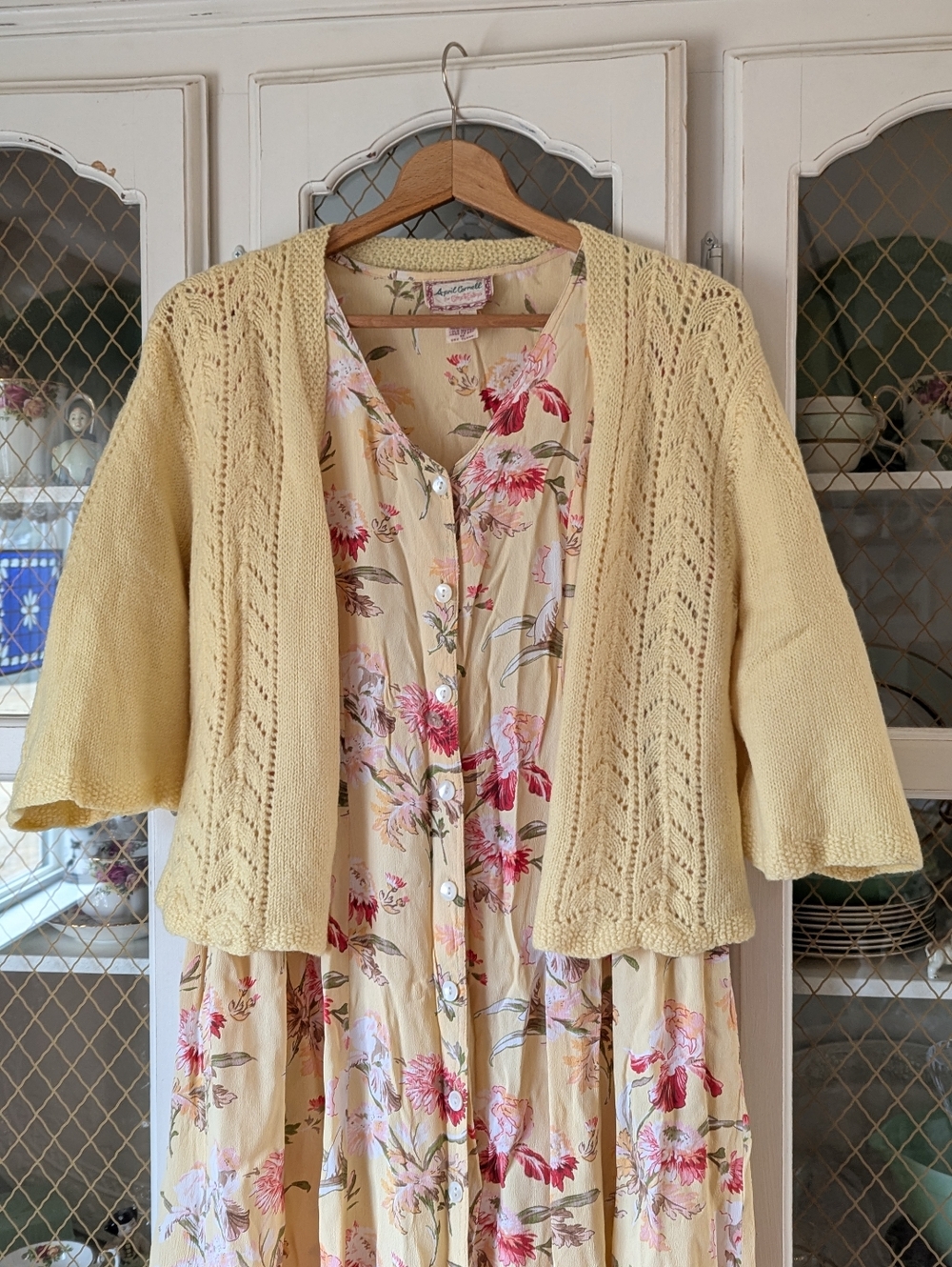 ✨VTG 90s April Cornell Romantic Pastle Yellow Floral Maxi Dress Pink Red Blooms